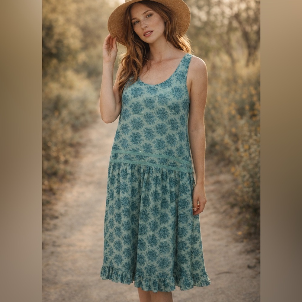 April Cornell Teal Floral Ruffle Hem Sundress Size XL